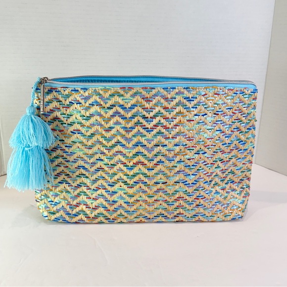 🆕 Lancome Luxe Woven Clutch – Aqua Tassel Zip Bag – Colorful Straw Weave 🆕 - Picture 12 of 16